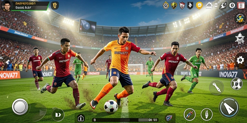 Tampilan gameplay seru di lapangan sepak bola INOVA77.