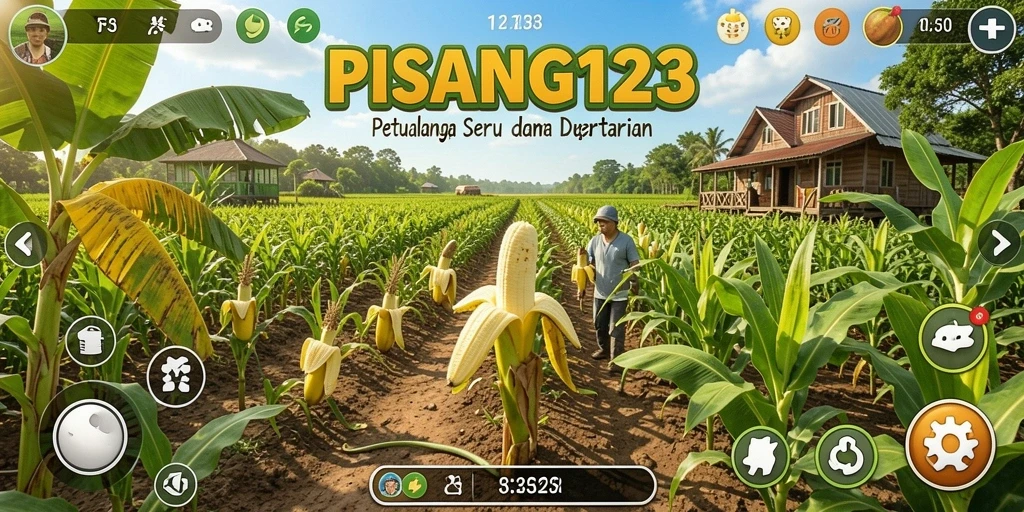 Screenshot permainan PISANG123 menampilkan ladang yang subur dan aktivitas bertani.