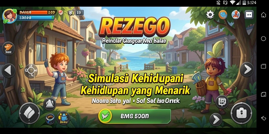Tampilan gameplay REZEGO yang menampilkan aktivitas sehari-hari dengan grafis menarik.