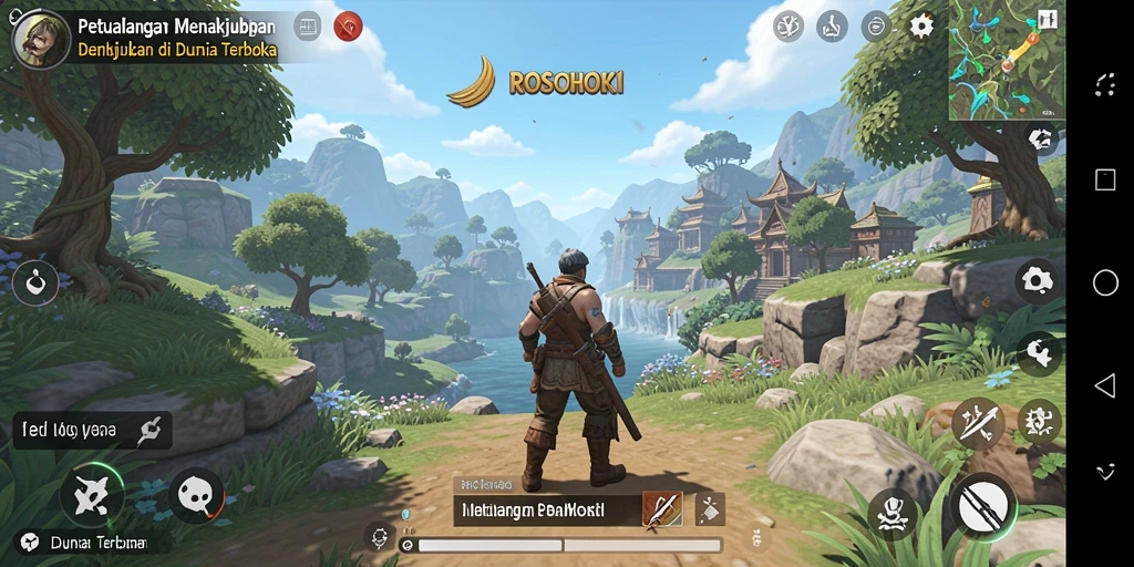 Tampilan gameplay ROSOHOKI menunjukkan dunia terbuka yang indah.