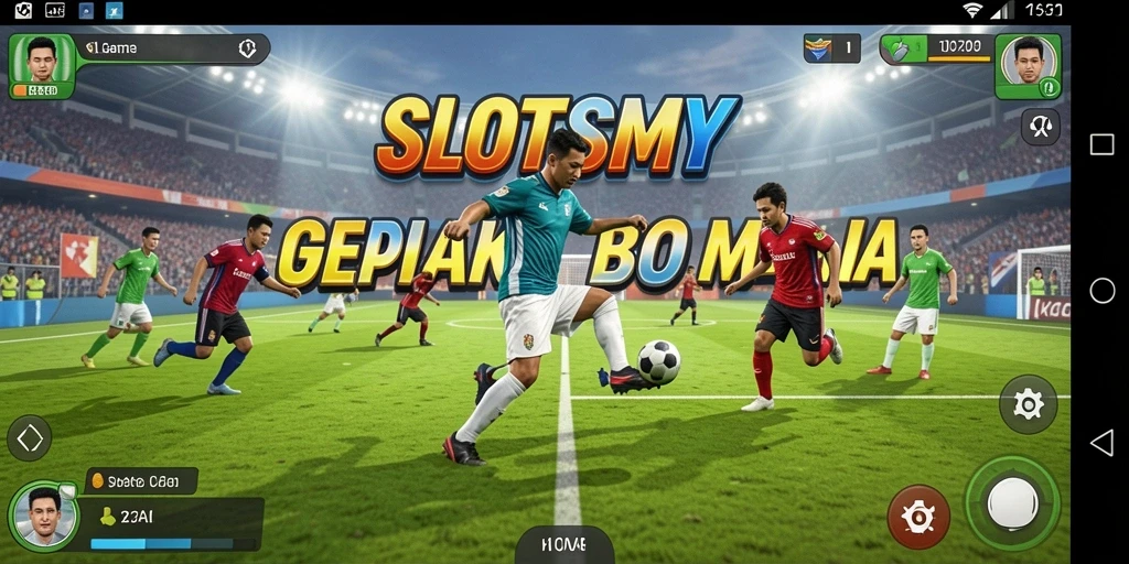 Tangkapan layar gameplay SLOTSMY dengan aksi seru di lapangan sepak bola.